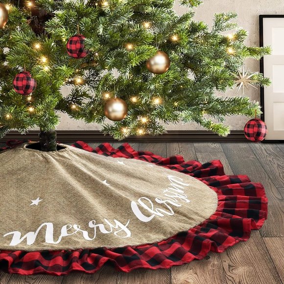 Meriwoods Burlap Tree Skirt w/Ruffled Plaid Trim Rustic "Merry Christmas" - Picture 2 of 6